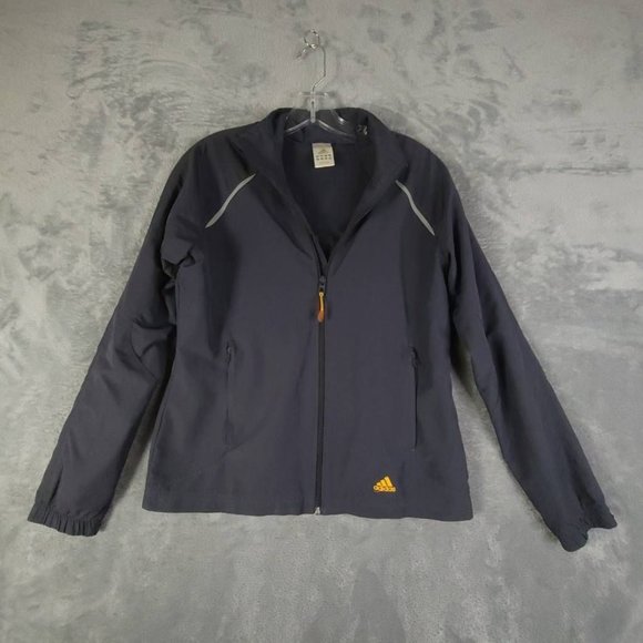 Adidas Mens Jacket Windbreaker Gray Yellow Waist Length Pockets Logo Mock Neck M - Picture 1 of 8